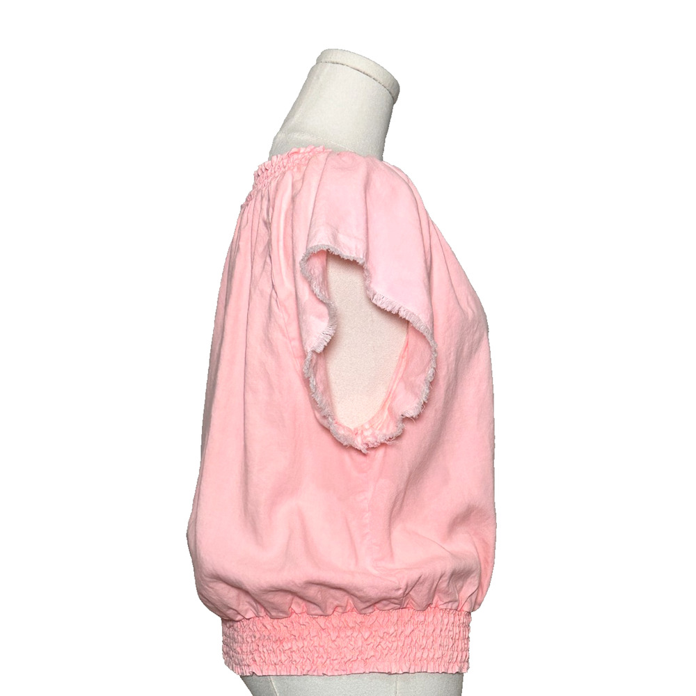 Cloth Stone Pink Sun Washed Raw Edge Short Sleeve Smocked V Neck Top Medium - Picture 4 of 8